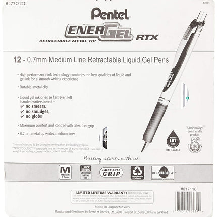 Bolígrafo de gel líquido retráctil Pentel EnerGel RTX, tinta negra/azul/roja/verde/violeta de 0.7 mm, paquete de 12 (BL77O12C)