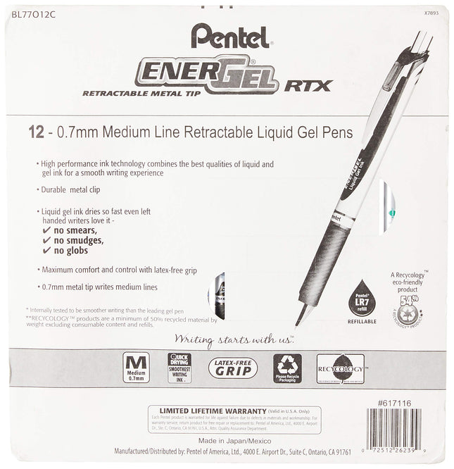 Stylo gel liquide rétractable Pentel EnerGel RTX, encre noire/bleue/rouge/verte/violette 0,7 mm, paquet de 12 (BL77O12C)