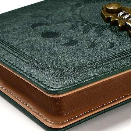Lockable Journal with Pen, A5 240 Pages Lock Diary, Vintage Edge, Refillable, Inner Pocket, Leather Hardcover (8.5 × 5.9inch) Dark Green