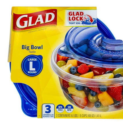 Glad GladWare Big Bowl Food Storage Containers, Large Round Bowl Holds 48 Ounces of Food Food Storage Containers for Everyday Use to Preserve Freshness, 3 Count