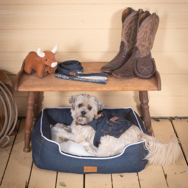 Arnés tipo chaleco vaquero Wrangler Rope Denim para perros – Chaleco transpirable para perros con forro de malla – Chaqueta de invierno para perros lavable a máquina para una fácil limpieza, para usar sobre un jersey para perros (lavado claro, M)