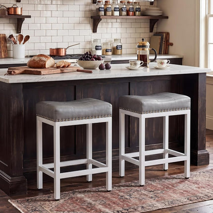 DUMOS Bar Stools Set of 2, 24 inch Counter Height Saddle Stools, Upholstered Modern Kitchen Barstools with Metal Base, PU Leather for Kitchen Island, Classic Gray