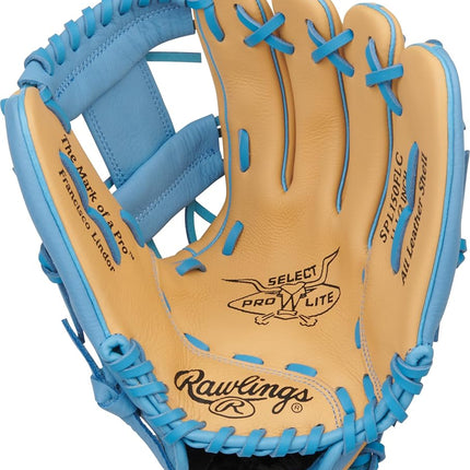 Rawlings | Select Pro Lite Series Francisco Lindor Youth Baseball Glove | 11.5 Inch | Right Hand Throw | Camel/Columbia Blue