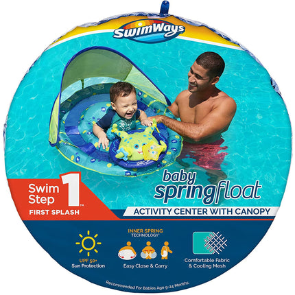 SwimWays 9 to 24 Months Step 1 Inflatable Baby Spring Pool Float Activity Center with Adjustable UPF 50 Sun Canopy & Toys, Octopus