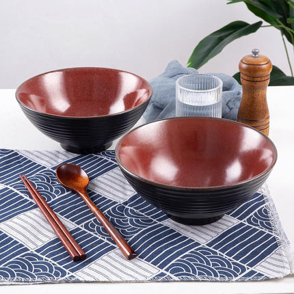 HOKELER Ceramic Japanese Ramen Bowl Set, 2 Sets Asian Pho Udon Soup Noodle Bowls with Spoons and Chopsticks (Red, 8 inches)