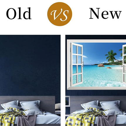 FLFK Fake Window Wall Sticker - Summer Beach Faux Window Wall Mural, Stick and Peel Wall Decals, 48"x32", Set of 2 Sheets
