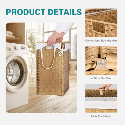 DUMOS Wicker Laundry Basket with Lid, 110L Woven Laundry Hamper with Handles, Foldable Rattan Clothes Hamper with Removable Liner & Sturdy Steel Frame, Yellow