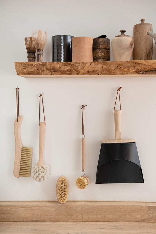 Creative Co-Op Beech Wood Leather Strap Dish Brush, Tan