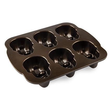 Nordic Ware Skull Cakelet Pan, 3D Cast Aluminium Bundt Tin, Bundt Cake Tin with Skull Pattern, Cake Mould, Bronze