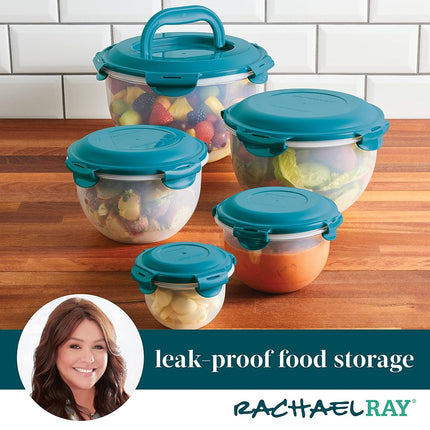 Rachael Ray Leak-Proof Nestable Container Food Storage Bin Set, 10-Piece Round, Teal Lid