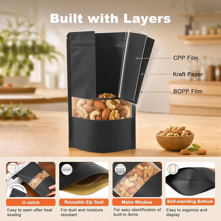 FireKylin 100 Pcs Resealable bags,7.1" x 10.2" Stand Up Black Kraft Paper Bags with Matte Window, Zip Lock Food Storage Bags for Packaging Products, Reusable, Sealable
