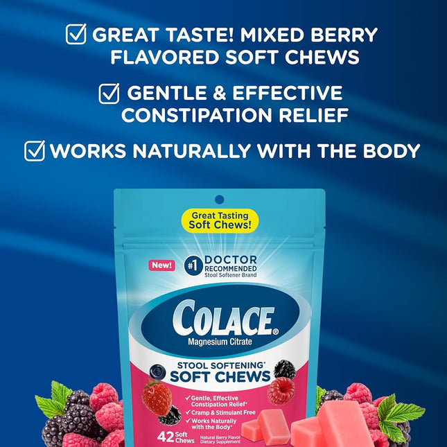 Colace Stool Softener Soft Chews, Gentle Constipation Relief, No.1 Doctor Recommended Stool Softener Brand, 42 Mixed Berry Chews (Pack of 2)