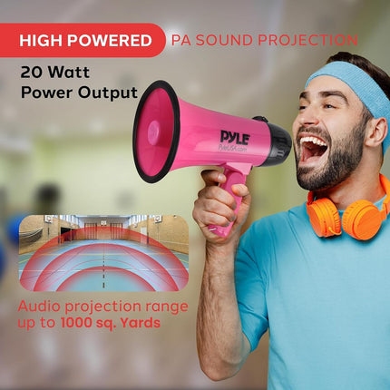 Pyle Megaphone Speaker with Siren Alarm – Portable 20W Bullhorn PA System with Microphone, Battery Powered, Adjustable Volume, Foldable Handle, Up to 365 m (400 Yard) Range – Pink