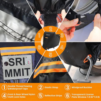 SRIMMIT Motorcycle Cover, Heavy Duty 420D Universal Motorbike Covers, Sun,Waterproof Outdoor Protection,with License Plate Window, 4 Reflective Strips, Lock-Holes Storage Bag (XL (90 x 37 x 49))