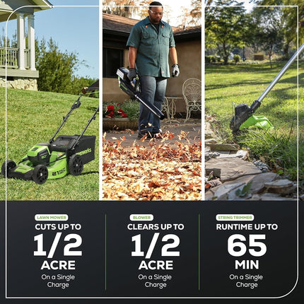 Greenworks 80V 21� Brushless (Push) Cordless Electric Lawn Mower + (500 CFM) Axial Leaf Blower + 13� String Trimmer (75+ Compatible Tools), (2) 2.0Ah Batteries and 30 Minute Rapid Charger