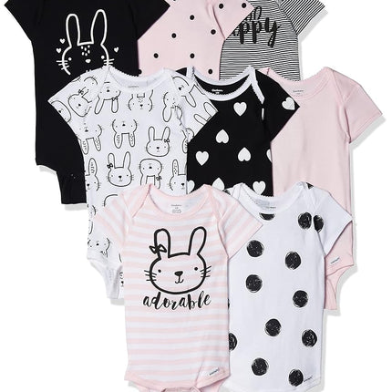 Gerber baby-girls 8-pack Short Sleeve Onesies Bodysuits, Pink Bunny, 12 Months