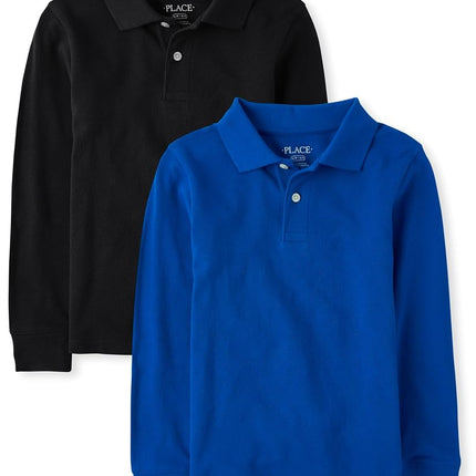 The Children's Place Boys' Multipack Long Sleeve Pique Polos, Black/Renew Blue 2-Pack, XX-Large
