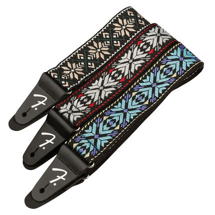 Fender Pasadena Woven Guitar Strap, 2" wide Polyester with Nylon Backing and Leather Ends, Blue Snowflake