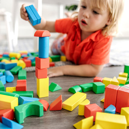 Juego de bloques de construcción de madera Melissa & Doug - 200 bloques en 4 colores y 9 formas (embalaje de comercio electrónico)