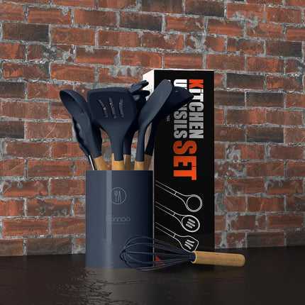 Silicone Cooking Utensils Set - 446°F Heat Resistant Silicone Kitchen Utensils for Cooking,Kitchen Utensil Spatula Set w Wooden Handles and Holder, BPA FREE Gadgets for Non-Stick Cookware (Navy Blue)