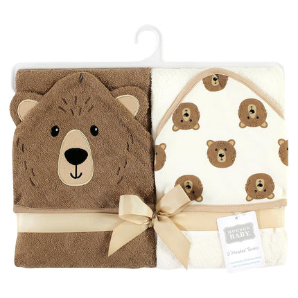 Hudson Baby Unisex Baby Cotton Animal Face Hooded Towel, Brown Bear 2-Pack, One Size