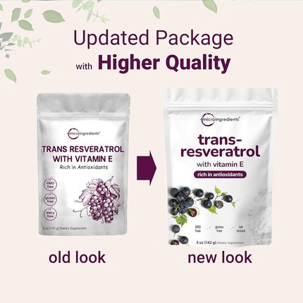Pure Trans-Resveratrol Powder with Vitamin E, 5 Ounce, Super Antioxidant for Cardiovascular Support, Non-GMO and Vegan Friendly