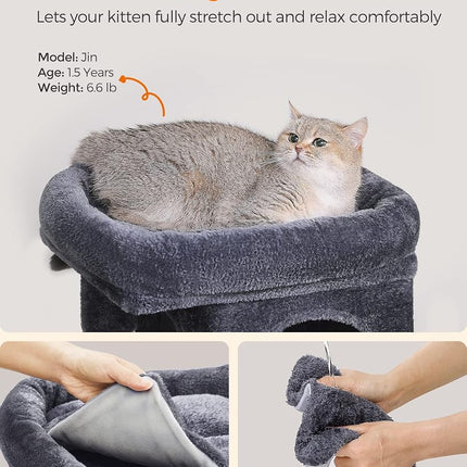 Feandrea Cat Tree Tower, 67 cm, S, Condo for Kittens up to 7 lb, Large Perch, 2 Caves, Scratching Post, Smoky Gray UPCT611G01
