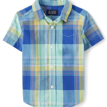 Camisa de manga corta con botones para niño The Children's Place, a cuadros aguamarina, 4T