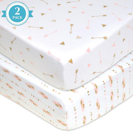 American Baby Company Lot de 2 draps-housses imprimés 100 % coton jersey pour berceaux et matelas pour tout-petits standard, or scintillant/plumes roses/flèches, pour filles