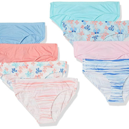 Hanes Girls Underwear Hipsters, 8 Pairs, Pure Comfort Panties, Organic Cotton Underwear, Blue/Stripes/Pink/White, Hipster - Pink Blue Solids & Patterns, 10