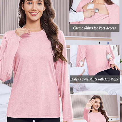 Deyeek Chemo Port Shirts for Women Dialysis Sweatshirts with Arm Zipper Tear Away Long Sleeve Post Shoulder Surgery Shirt, Pink, M