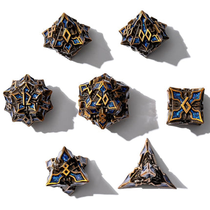 Metal Dice for DND - Spire Sanctum Series (Antique Gold Blue Glitter)
