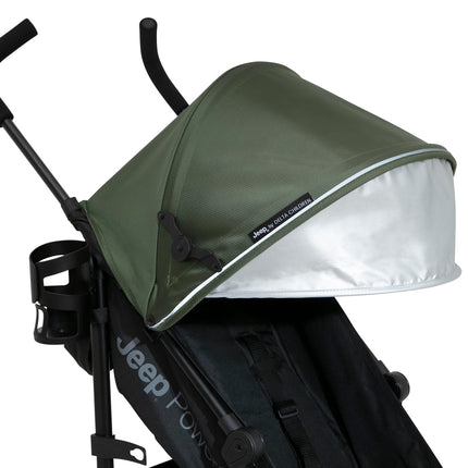Jeep PowerGlyde Stroller by Delta Children - Lightweight Travel Stroller with Softer Drive and Compact Fold, 3-Position Recliner, Extra Large Storage Basket, Olive Green
