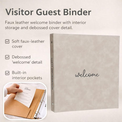 Paper 'n Such Welcome Binder for Short Term Rentals – Grey Faux Leather 3 Ring Folder for Airbnb, Vacation Home, House Manual & Guest Information - Letter Size