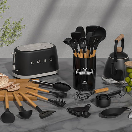 Umite Chef Kitchen Utensils Set- 34PCS Silicone Cooking Utensils with Holder, Heat Resistant Kitchen Utensil Spatula Set for Nonstick Cookware, Black Wooden Handles Kitchen Gadgets Tools Set
