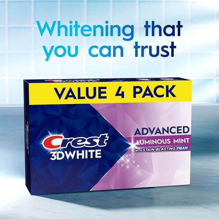 Crest 3D White Toothpaste, Advanced Luminous Mint, Teeth Whitening Toothpaste, 3.7 Oz (Pack of 4)