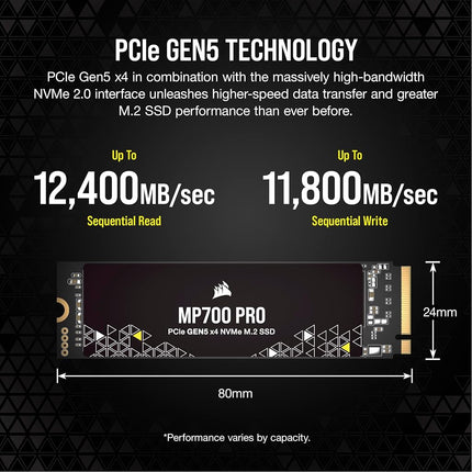 Corsair MP700 PRO 2TB M.2 PCIe Gen5 x4 NVMe 2.0 SSD – M.2 2280 – Up to 12,400MB/sec Sequential Read – High-Density TLC NAND – Black