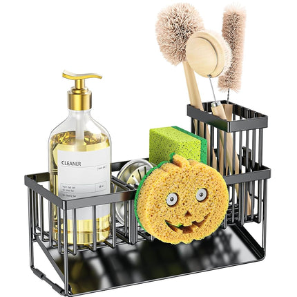 Cisily Sink Caddy With Smiley Face Sponge Holder, 304 Stainless Steel Rustproof(Black)