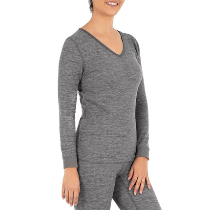 Top de pijama térmico de microcuadros con cuello en V Fruit of the Loom para mujer, gris jaspeado, 8XL