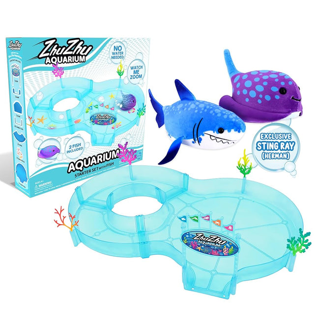 zhuzhu (Sting Ray + Shark) Starter Set | Set of 2 Stuffed Animals with Motor Inside | Adorable Motion Shark Plush Toys | Sting Ray and Shark Toys Suitable for Ocean Party Favors | Batteries Required
