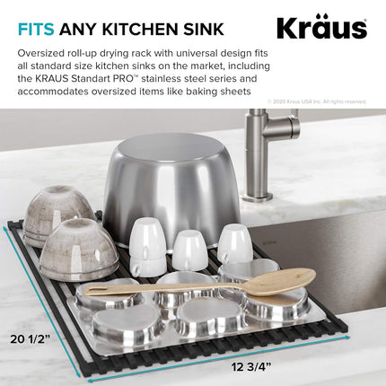 Kraus Multipurpose Over-Sink Roll-Up Dish Drying Rack, Colander and Trivet in Dark Grey, KRM-10DG
