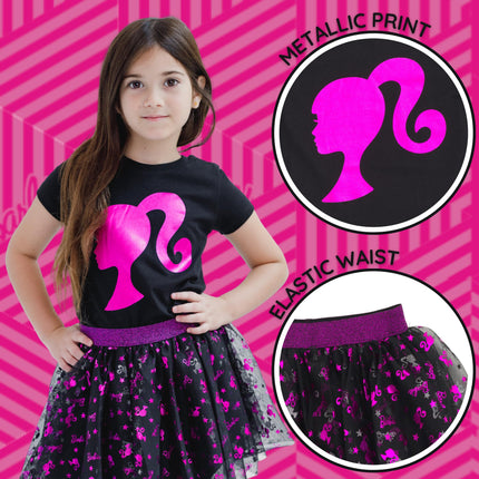 Barbie Girls Camiseta con estampado metálico y falda de malla de tul para niñas pequeñas a mayores, Negro/Película rosa, 6