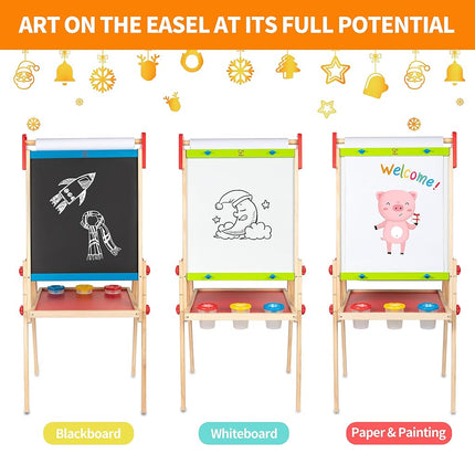 Hape All-in-1 Easel | Award-Winning Double-Sided Kids Standing Easel Adjustable Height Stand with Paper Roll, Chalkboard, Whiteboard, Magnets and 3 Paint Pots