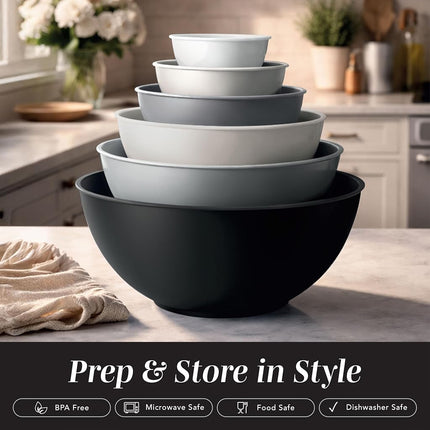 COOK WITH COLOR Mixing Bowls with TPR Lids - 12 Piece Plastic Nesting Bowls Set Includes 6 Prep Bowls and 6 Lids, Microwave Safe Mixing Bowl Set (Black Ombre)