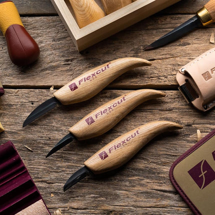 Flexcut Starter 3 Wood Carving Knife Set KN500, 1095 High Carbon Steel Blades and Ergonomic Ash Wood Handles for Beginners and Hobbyists