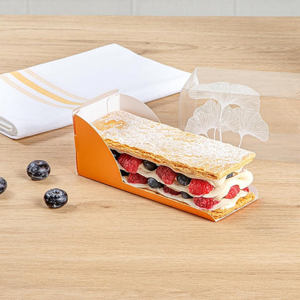 Restaurantware-7 Inch x 2.5 Inch Clear Dessert Boxes, 100 Orange Paper Sleeve Transparent Candy Boxes - Leaf Accent, No Grease Lining, Clear Plastic Clear Favor Boxes, Crack Resistant, Disposable
