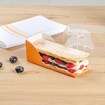 Restaurantware-7 Inch x 2.5 Inch Clear Dessert Boxes, 100 Orange Paper Sleeve Transparent Candy Boxes - Leaf Accent, No Grease Lining, Clear Plastic Clear Favor Boxes, Crack Resistant, Disposable