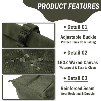 Durable Waxed Canvas Lunch Bags Eco-Friendly Reusable Lunch Box with Adjustable Buckle for Men, Women, Kids, Green, Soft Handfeel