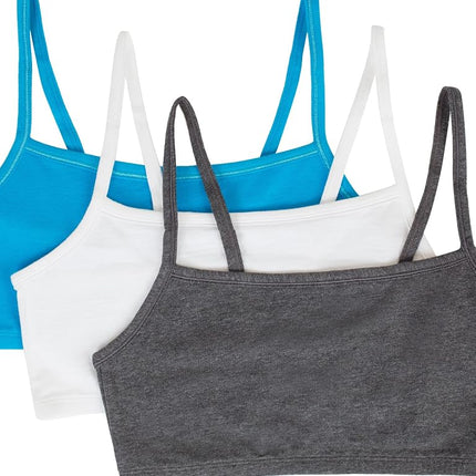 Fruit of the Loom Women's Spaghetti Strap Cotton Sports Bra-All-Day Comfort & Easy Movement, Charcoal Heather/White/Isazure, 34 (Pack of 3)