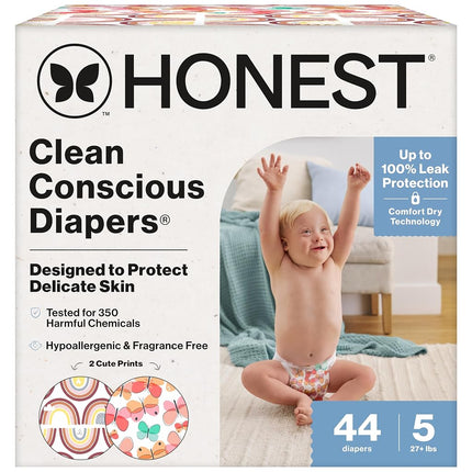 The Honest Company Clean Conscious Diapers for Sensitive Skin | Hypoallergenic, Fragrance Free | Girl Prints | Club Box, Size 5 (27+ lbs), 44 Count (Prints May Temporarily Vary)
